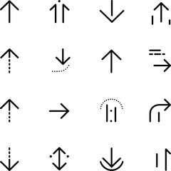 Arrow icon grid, black vector symbols, navigation and direction indicators, user interface design elements, signage graphic template, motion guide illustration