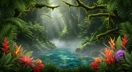 Beautiful Colorful Landscape with Trees Flowers and Waterfall