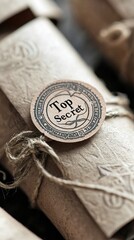 Close-up shot of a vintage scroll tied with string and a "Top Secret" label.