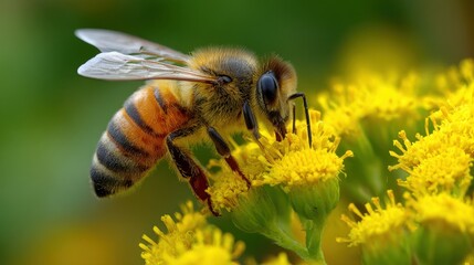 A bee busily gathers nectar from colorful yellow flowers in a lush garden. The sun shines creating a lively atmosphere filled with nature's beauty and activity.