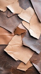 Close-up of various torn leather pieces in different shades of brown, creating a textured and layered background.