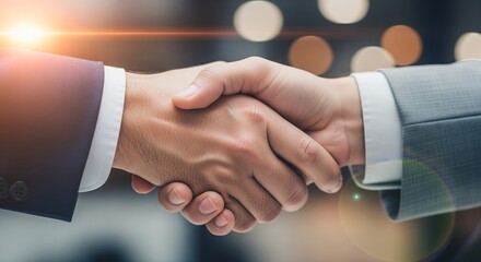 Close up handshake of business partners with warm sunlight and bokeh lights background