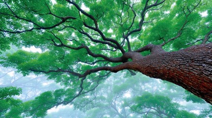 Low angle view of a large tree with green leaves and thick branches, creating a canopy. The image captures the beauty of nature and the forest.