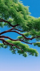 Close-up of tree branches with vibrant green leaves against a bright blue sky on a sunny day. The image captures the beauty of nature.