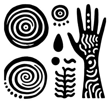 Hand with tribal symbols and spiral patterns artistic design.