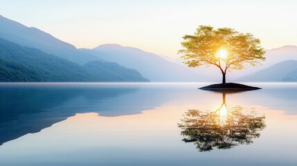 A tree on a small island in a lake reflects in the water, with mountains in the background, bathed in the soft light of sunrise.