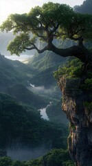 A large tree hangs over a cliff overlooking a lush green valley with a river running through it, illuminated by the soft light of sunrise.
