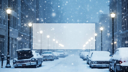 Snowy city street with parked cars and falling snow illuminated by street lamps in winter weather scene