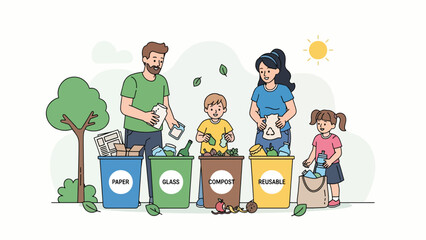 Family sorting waste into labeled recycling bins at home. Ideal for environmental education, family sustainability, and waste management themes