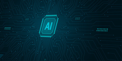 AI. Artificial Intelligence technology. Digital brain. Neural network. Machine learning. Deep learning. Big data analysis. Background with circuit board connections and tech icons. Vector Illustration