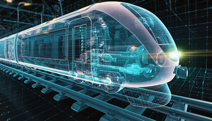 Modern Futuristic Train: A cutting-edge train showcases its internal mechanics, speeding along a futuristic track, set against an innovative, technological backdrop, symbolizing speed, innovation.