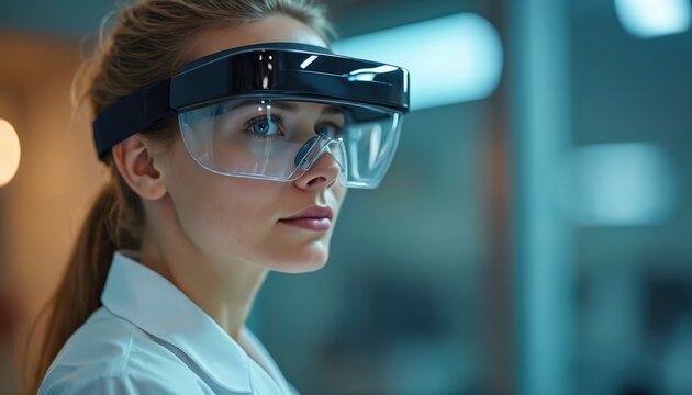Young woman in lab wear virtual reality glasses. Female scientist with futuristic goggles studies research in laboratory. Tech equipment for medicine treatment. - Powered by Adobe