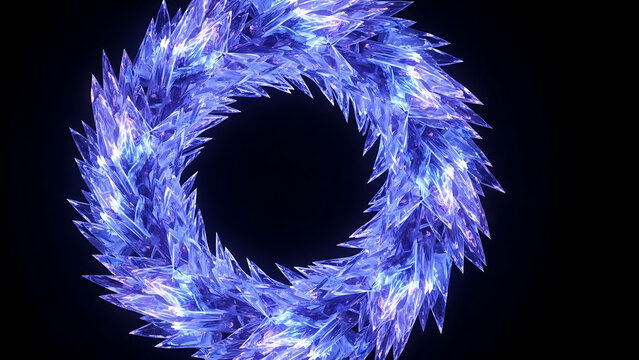 A circular arrangement of sharp blue crystals against a dark background creating a ring shape - Powered by Adobe
