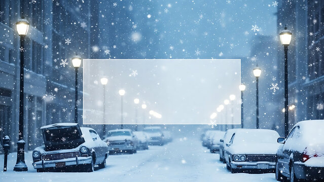 Snowy city street with parked cars and falling snow illuminated by street lamps in winter weather scene