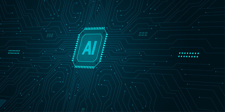 AI. Artificial Intelligence technology. Digital brain. Neural network. Machine learning. Deep learning. Big data analysis. Background with circuit board connections and tech icons. Vector Illustration