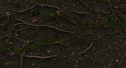 Detailed Ground Texture with Roots and Moss for Game Development.