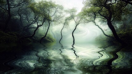 A tranquil landscape featuring trees reflected in calm water, creating a surreal and atmospheric scene in a misty forest.