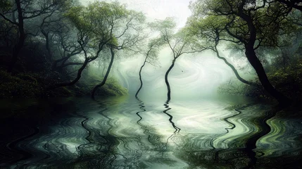 Poster Reflectie A tranquil landscape featuring trees reflected in calm water, creating a surreal and atmospheric scene in a misty forest.  © rehan