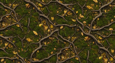Detailed overhead view of forest floor with roots and leaves.