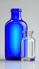 Two glass bottles, one large blue and one small clear, are placed side-by-side on a reflective surface against a plain light gray background. Soft studio lighti