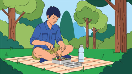 Man enjoying an outdoor picnic using a reusable metal straw and lunchbox. Ideal for sustainable dining visuals, zero waste habits, and eco picnic lifestyle themes
