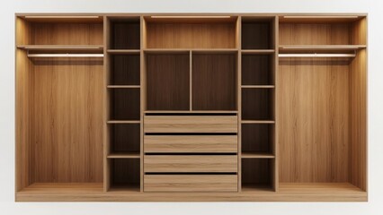 Empty wooden closet with shelves and drawers viewed from the front