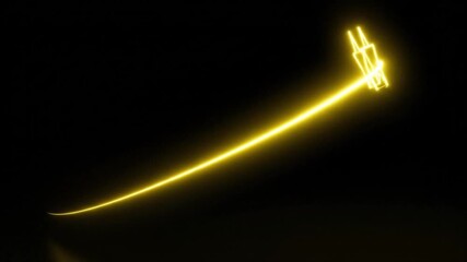 A glowing yellow light trail curves across a dark background, ending in a bright, abstract, sword-like shape.