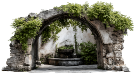 A stone archway leading to a secluded village courtyard, with a glimpse of a small fountain within, isolated on a Transparent background