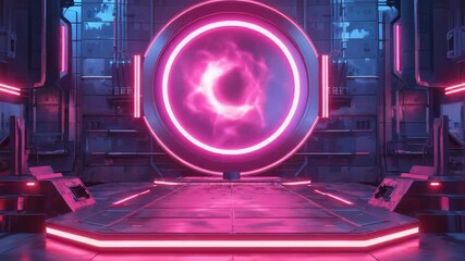 A futuristic sci-fi portal glowing with vibrant pink neon lights in a dark, metallic chamber. - Powered by Adobe