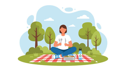 Man enjoying an outdoor picnic using a reusable metal straw and lunchbox. Ideal for sustainable dining visuals, zero waste habits, and eco picnic lifestyle themes