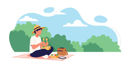Man enjoying an outdoor picnic using a reusable metal straw and lunchbox. Ideal for sustainable dining visuals, zero waste habits, and eco picnic lifestyle themes