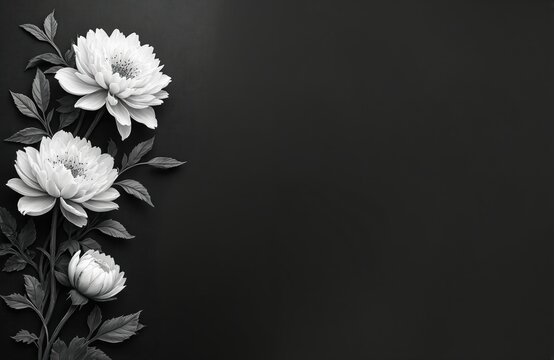 White flowers with leaves arranged on plain black background. Image is suitable for memorial announcements, funeral notices, or sympathy cards. It conveys solemnity and remembrance for loved one.