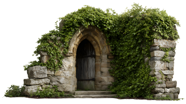 A stone archway leading to a hidden village chapel, its entrance partially obscured by ancient ivy, isolated on a Transparent background