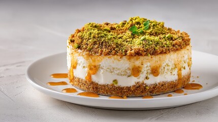 Delicious Pistachio Cheesecake With Caramel Drizzle On White Plate Studio Shot
