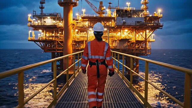 A female engineer in an orange protective suit and white hard hat walks along a metal walkway towards a brightly lit offshore oil rig at dusk, showcasing industrial energy production.