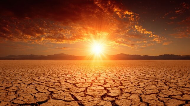 A bright sunset casts warm hues over a dry cracked landscape. The parched earth stretches into the horizon reflecting the challenges of drought conditions in the area.