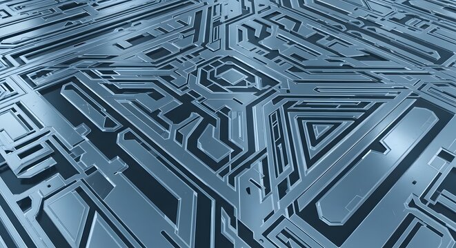 Blue electronic circuit board design is a technology pattern like a maze or labyrinth puzzle representing a business challenge with a solution path
