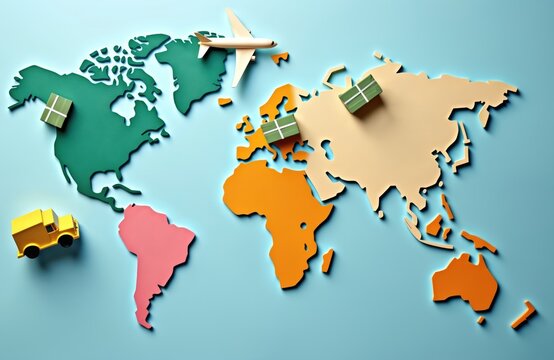World map illustration. Airplane truck and parcels represent global shipping and transport. Delivery concept. Transportation of cargo around the world by various means