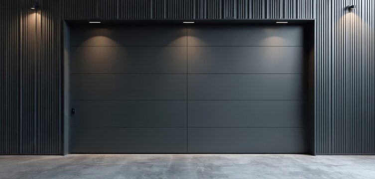 Modern anthracite garage door on dark building facade with illumination. Sectional overhead entrance set in ribbed wall with concrete floor. Minimalist architectural design for secure private car