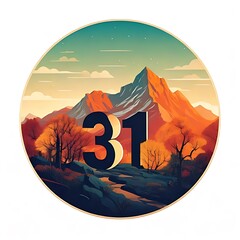 Circular landscape art featuring an imposing mountain range, autumn trees, and a pathway with the number "31" centrally placed