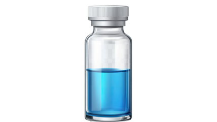 Sterile glass vial with blue liquid showing clean transparent container and bright medical fluid detail isolated on white background