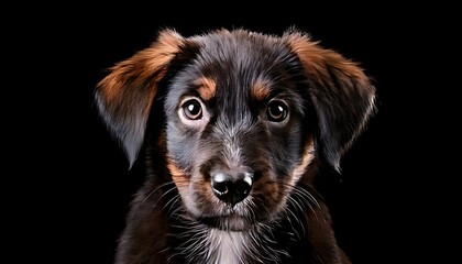 Close-up of a puppy with dark fur and brown accents, gazing directly at the viewer against a black backdrop, creating a compelling portrait
