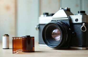 Retro film camera with film rolls on wood surface. This analog device offers a glimpse into past photographic methods and art. Timeless hobby.