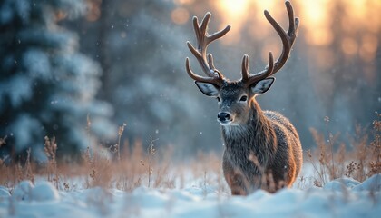 Majestic deer with large antlers stands in snowy forest clearing. Soft sunlight illuminates its fur and frosty surroundings. Winter scene with falling snow and blurred trees in background.
