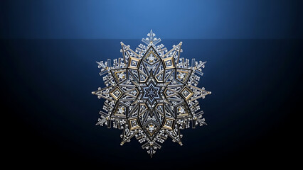Close up of a complex snowflake design with metallic and crystal elements on a blue background