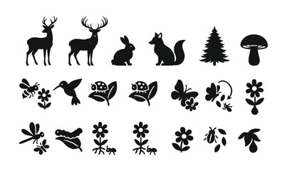 Collection of forest animal and plant silhouettes in black and white background, Vector