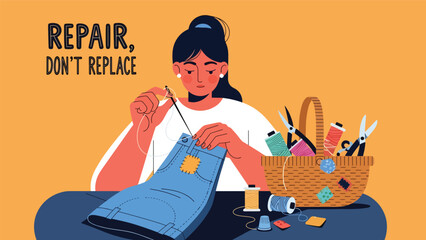 Person repairing clothes with needle and thread instead of discarding them. Ideal for zero waste fashion, textile sustainability, and mindful consumption themes