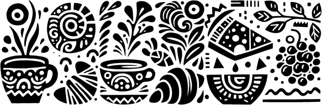 Whimsical Black and White Food and Drink Illustration.