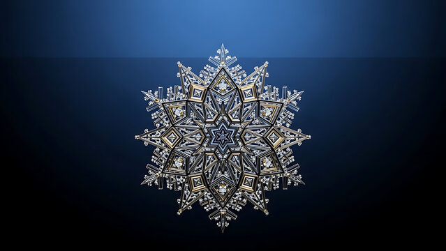 Close up of a complex snowflake design with metallic and crystal elements on a blue background - Powered by Adobe