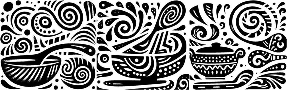 Whimsical Kitchen Utensils and Decorative Swirls in Black and White.